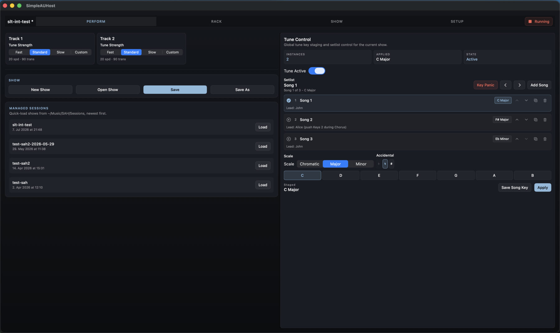 SimpleAUHost Perform view with two tuning tracks, show management, an editable three-song setlist, and centralized key controls